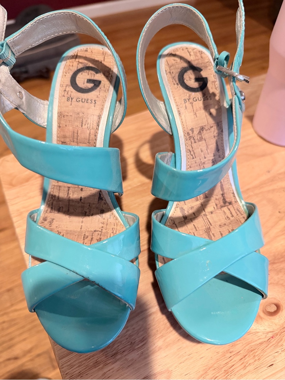 G by Guess Turquoise Patent Strappy Wedge Sandals